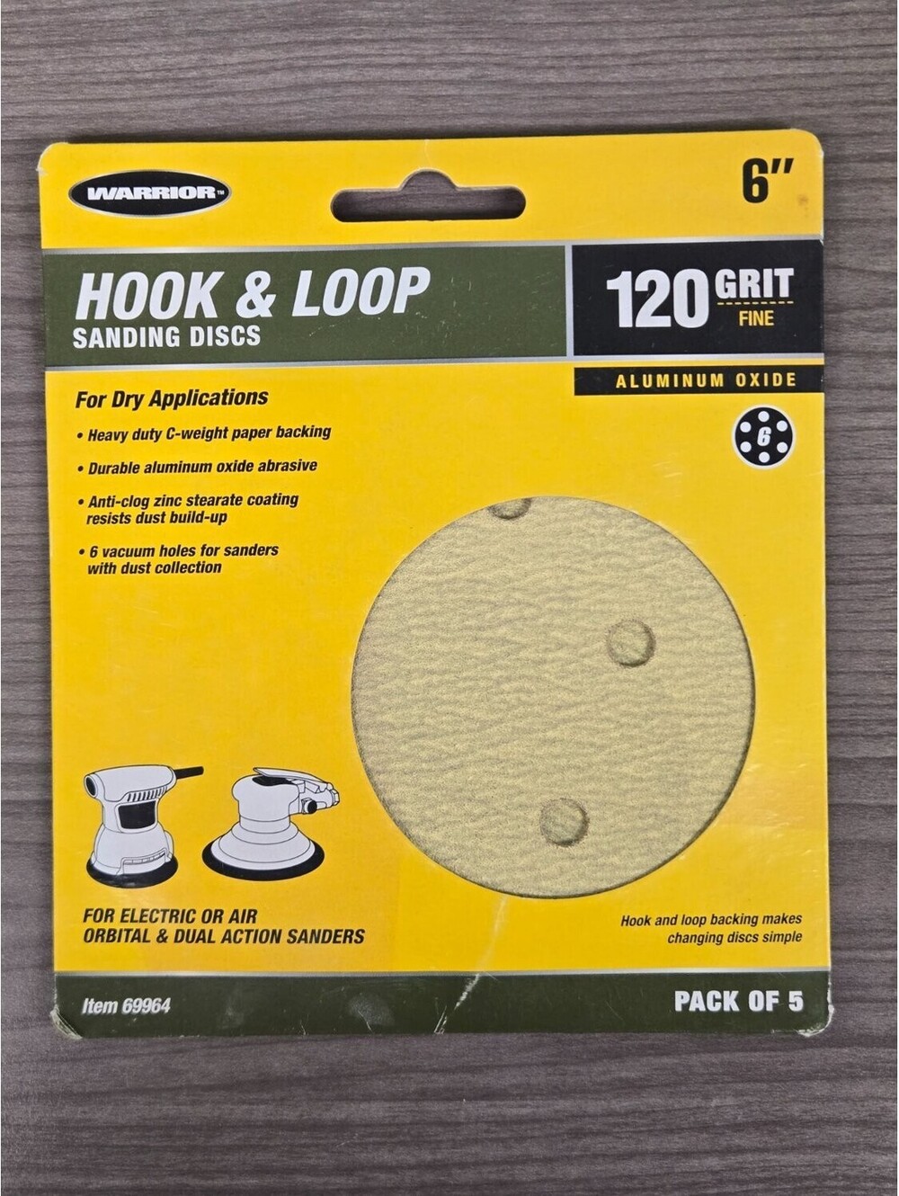 Warrior 6" Hook & Loop Sanding Discs 120 Grit 5 Pack 69964 Aluminum Oxide